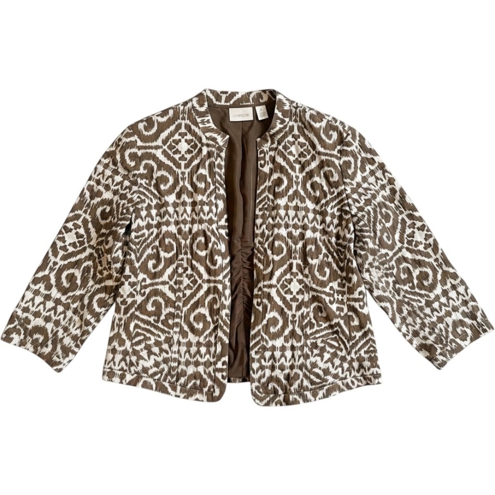 Chico's Jacket Brown 2 Womens LARGE Ikat Pattern Open Front 3/4 Sleeve Blazer